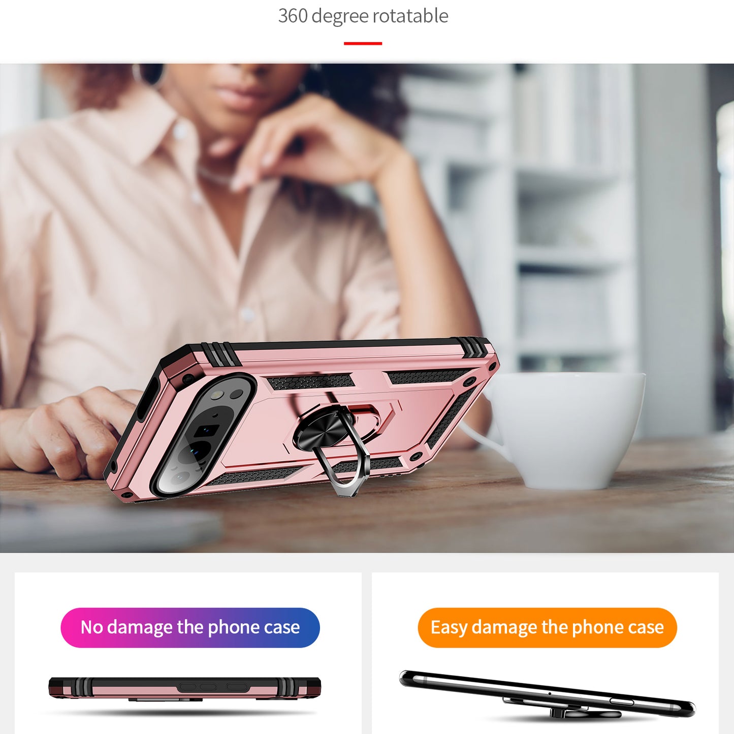 For Google Pixel 9 Pro Case Shockproof Kickstand PC+TPU Phone Cover - Rose Gold