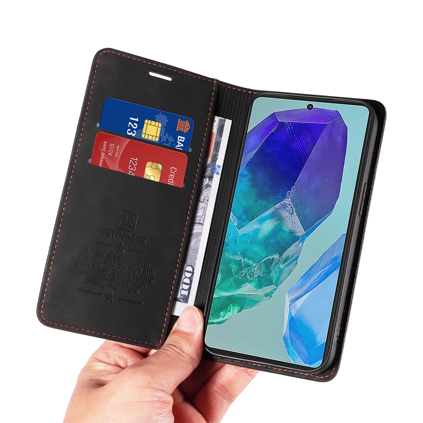 BETOPNICE 003 For Samsung Galaxy M55 5G Case Magnetic Closing Leather Cover RFID Blocking Wallet - Black