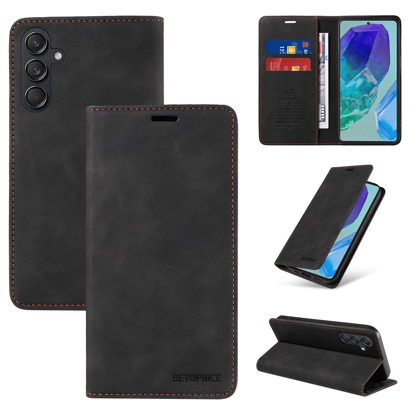 BETOPNICE 003 For Samsung Galaxy M55 5G Case Magnetic Closing Leather Cover RFID Blocking Wallet - Black