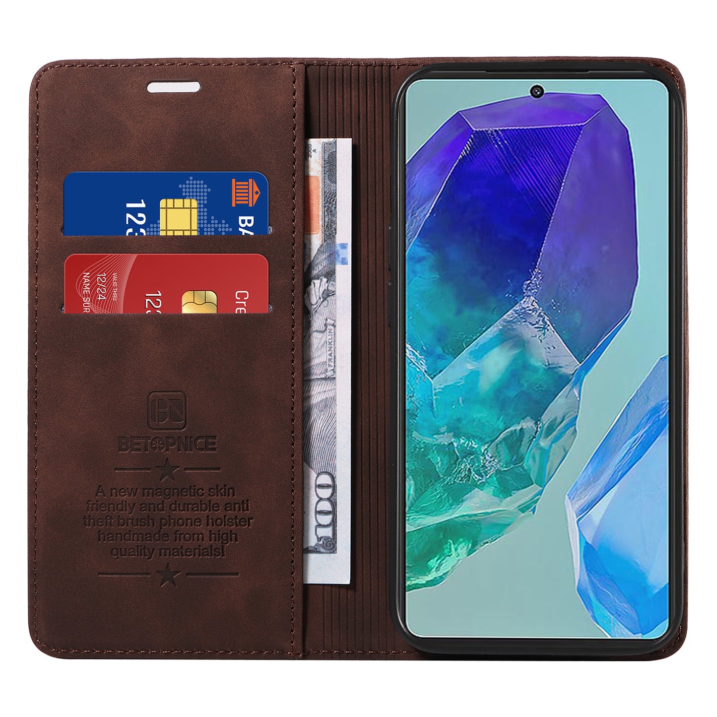 BETOPNICE 003 For Samsung Galaxy M55 5G Case Magnetic Closing Leather Cover RFID Blocking Wallet - Brown