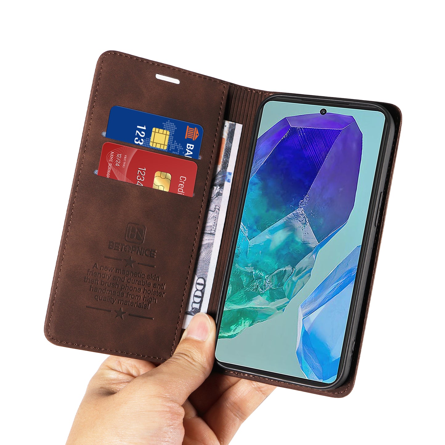 BETOPNICE 003 For Samsung Galaxy M55 5G Case Magnetic Closing Leather Cover RFID Blocking Wallet - Brown