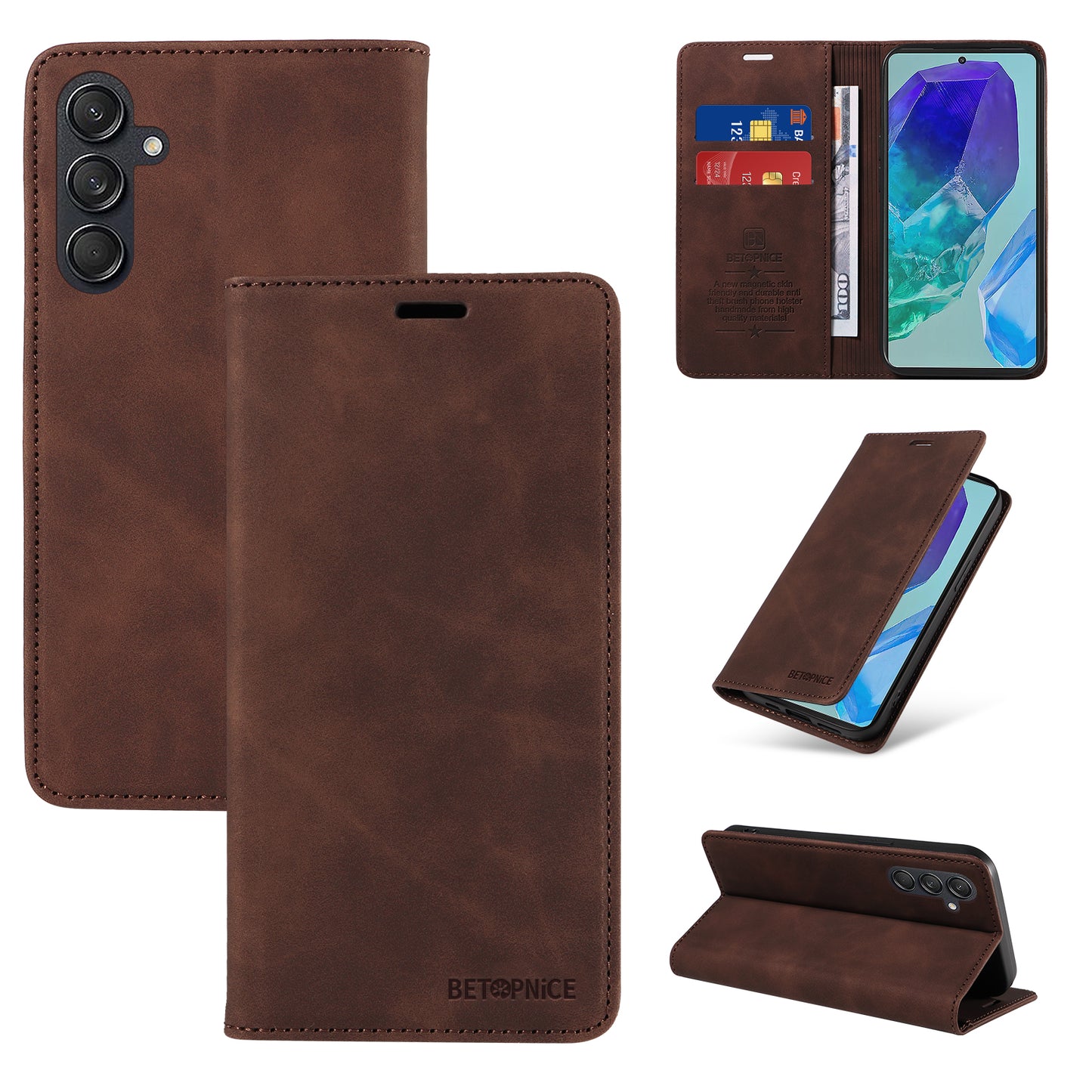 BETOPNICE 003 For Samsung Galaxy M55 5G Case Magnetic Closing Leather Cover RFID Blocking Wallet - Brown