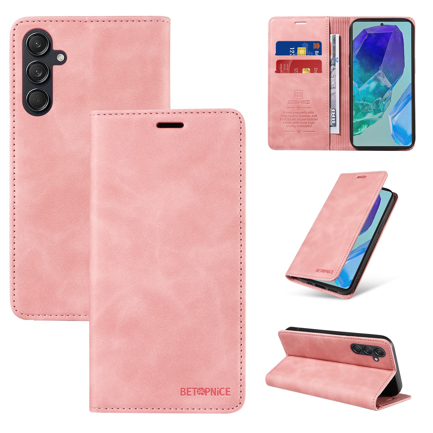 BETOPNICE 003 For Samsung Galaxy M55 5G Case Magnetic Closing Leather Cover RFID Blocking Wallet - Pink