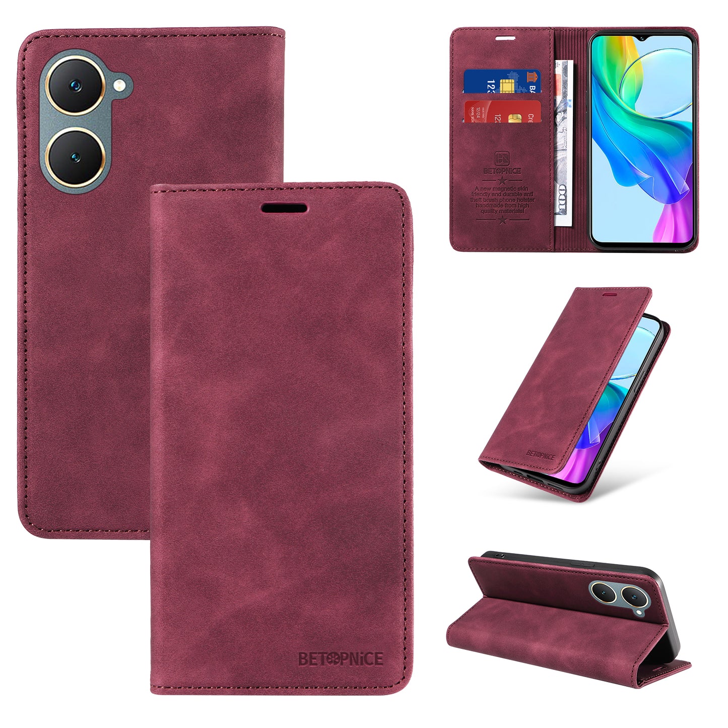 BETOPNICE 003 For vivo Y03 Case RFID Blocking Wallet Leather Flip Phone Cover - Red