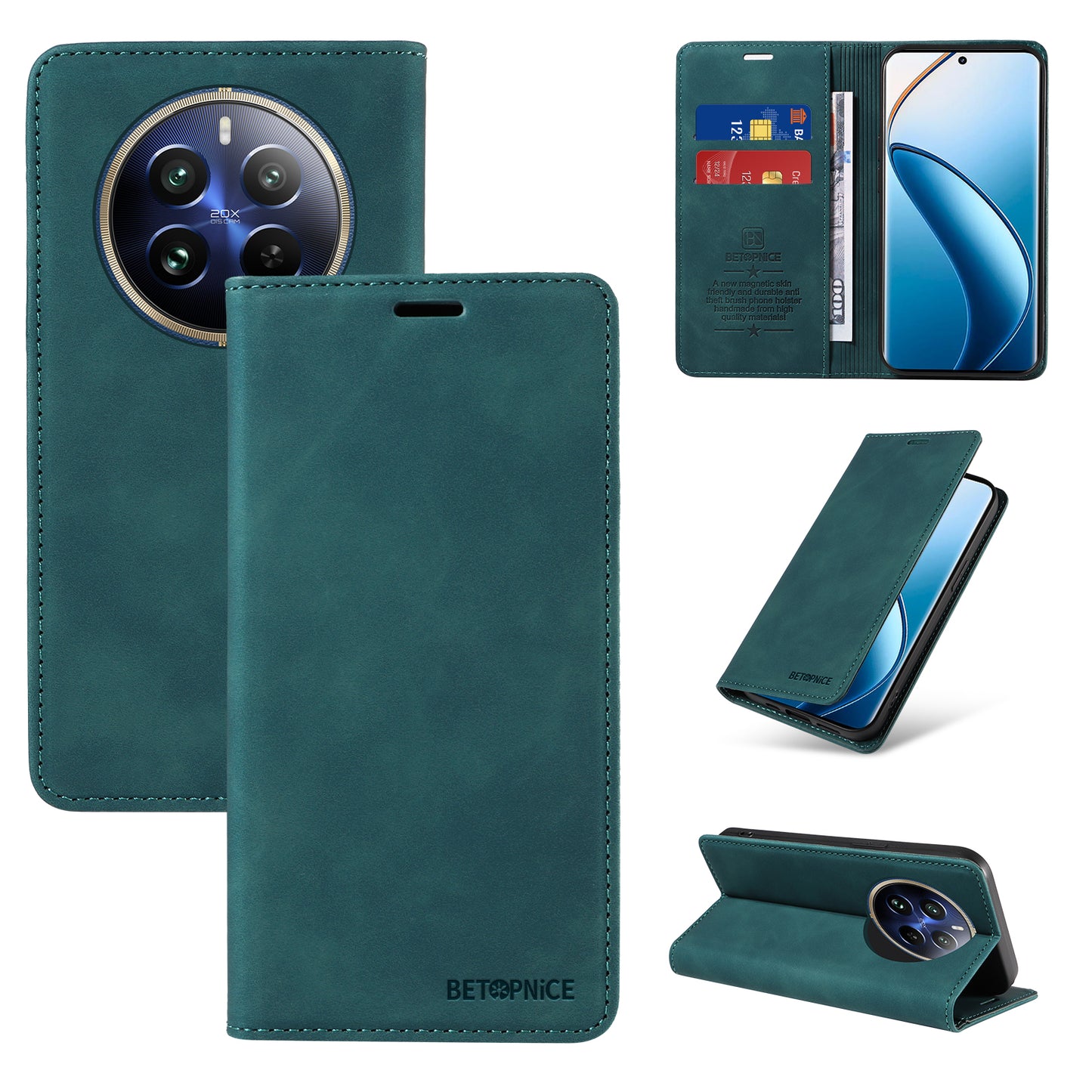 BETOPNICE 003 For Realme 12 Pro+ 5G / 12 Pro 5G Case PU+TPU Phone Protective Cover RFID Blocking Wallet - Green