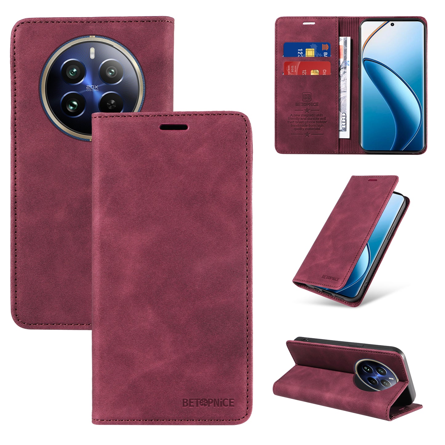 BETOPNICE 003 For Realme 12 Pro+ 5G / 12 Pro 5G Case PU+TPU Phone Protective Cover RFID Blocking Wallet - Red