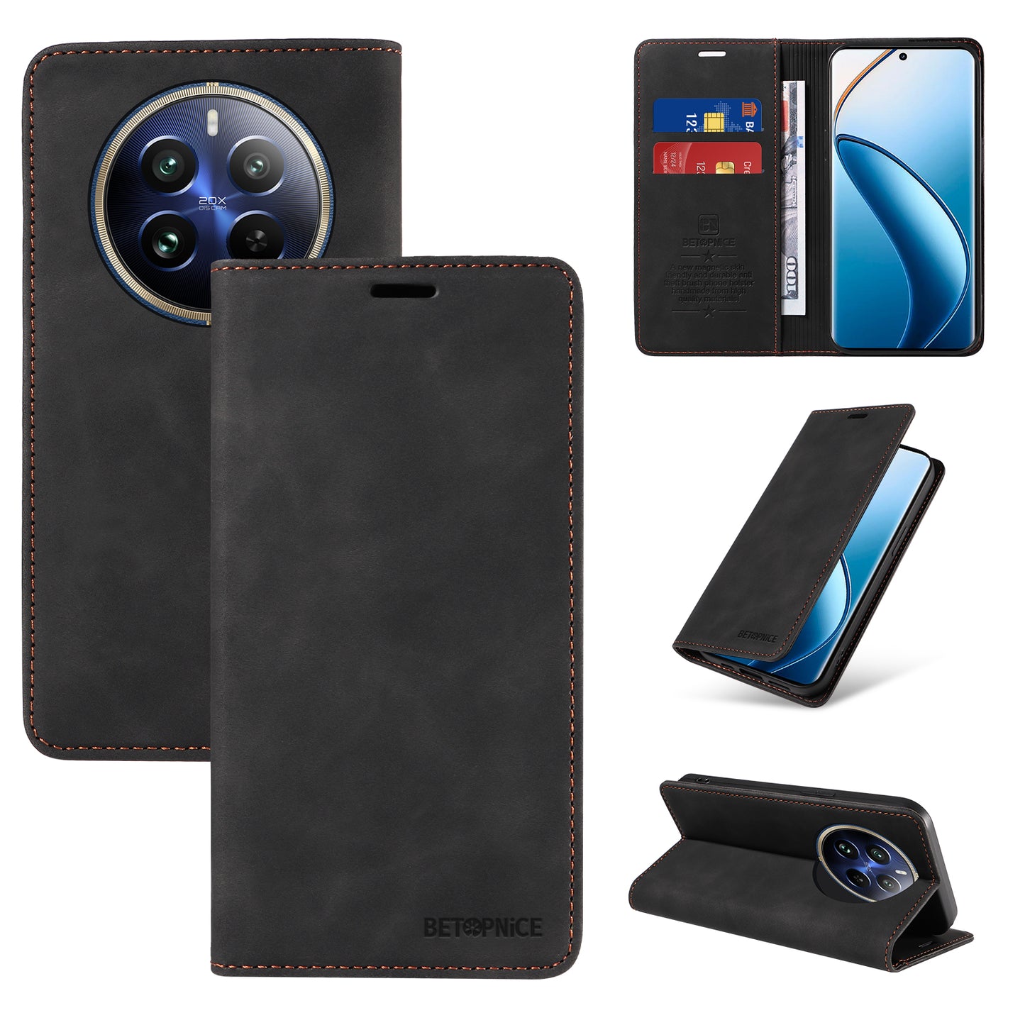 BETOPNICE 003 For Realme 12 Pro+ 5G / 12 Pro 5G Case PU+TPU Phone Protective Cover RFID Blocking Wallet - Black