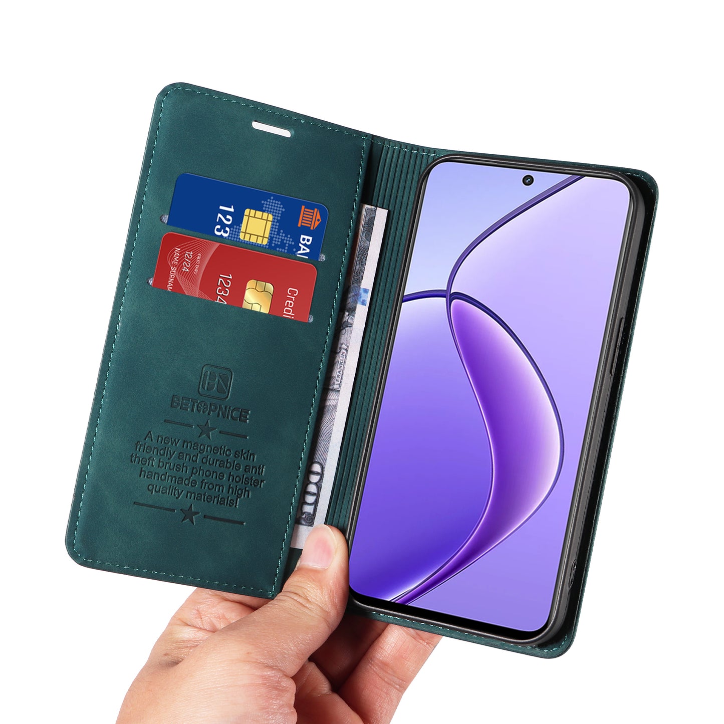 BETOPNICE 003 For Realme 12 Case RFID Blocking Wallet Drop-proof Phone Stand Cover - Green
