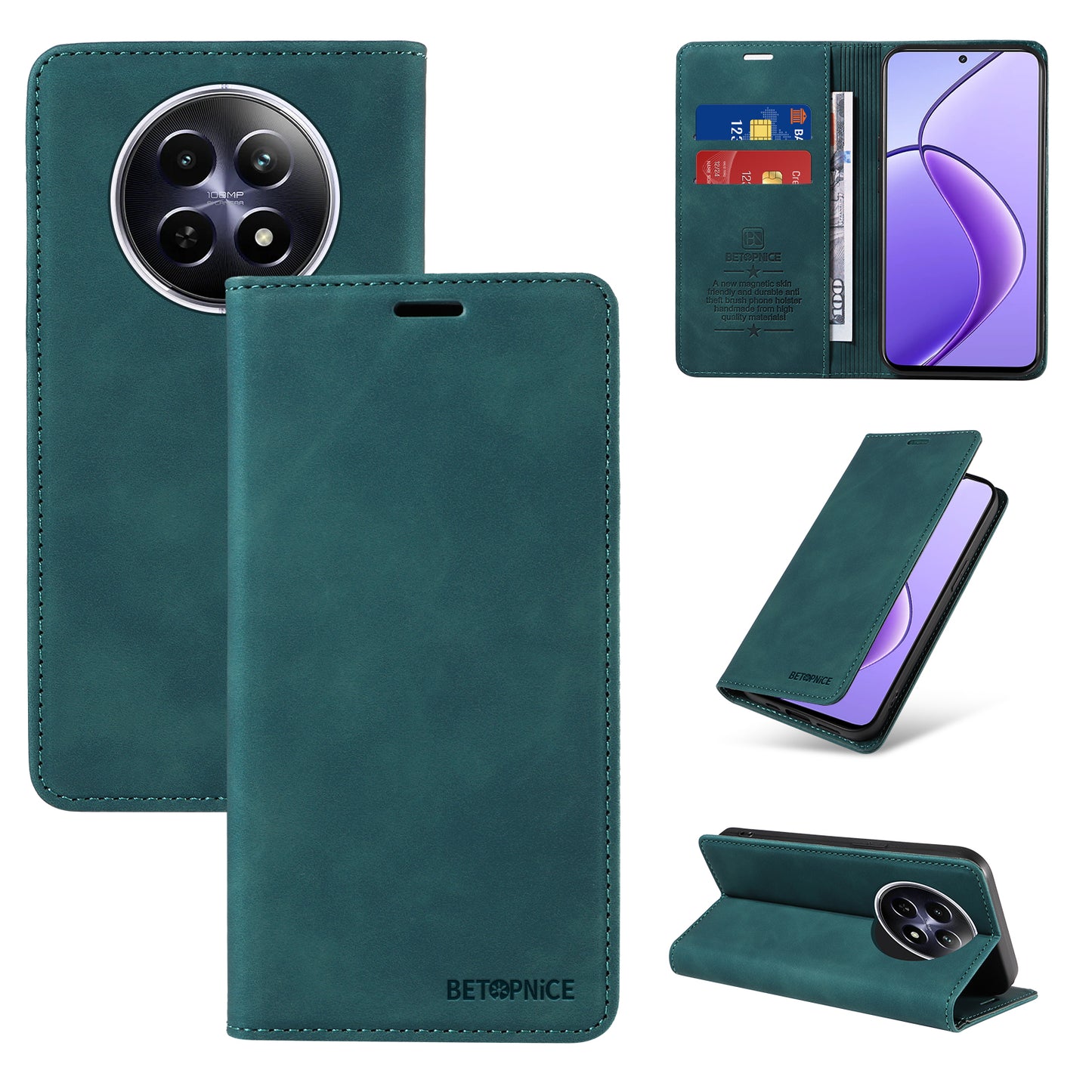 BETOPNICE 003 For Realme 12 Case RFID Blocking Wallet Drop-proof Phone Stand Cover - Green