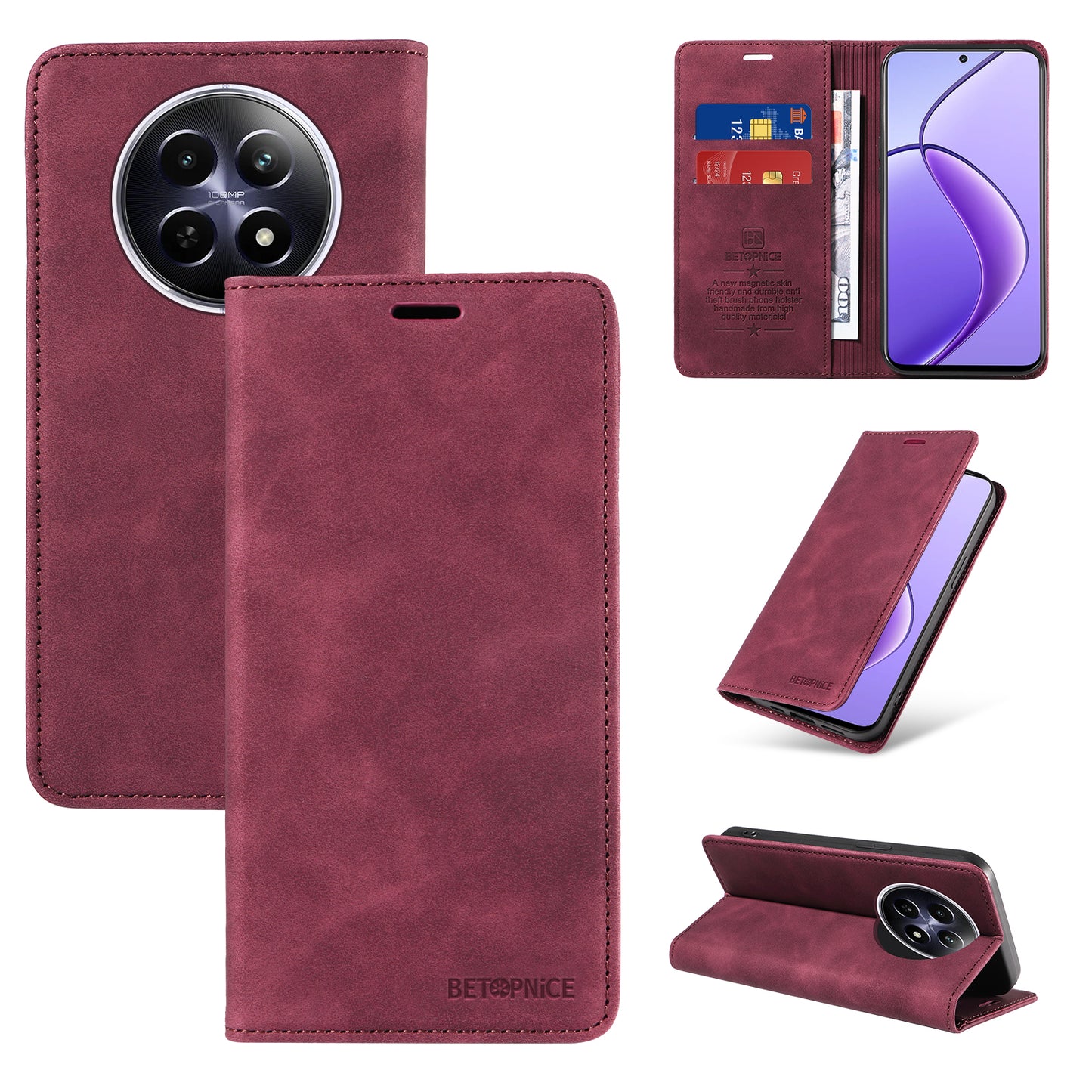 BETOPNICE 003 For Realme 12 Case RFID Blocking Wallet Drop-proof Phone Stand Cover - Red