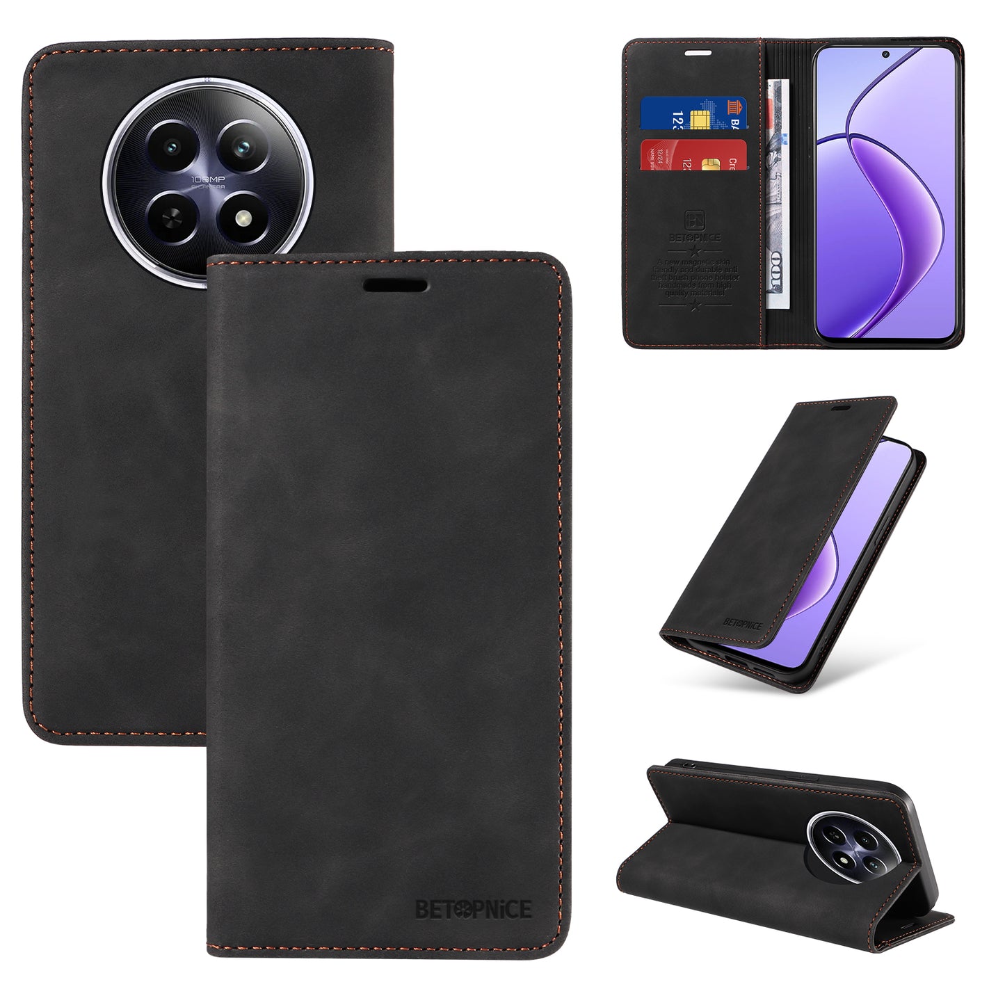 BETOPNICE 003 For Realme 12 Case RFID Blocking Wallet Drop-proof Phone Stand Cover - Black