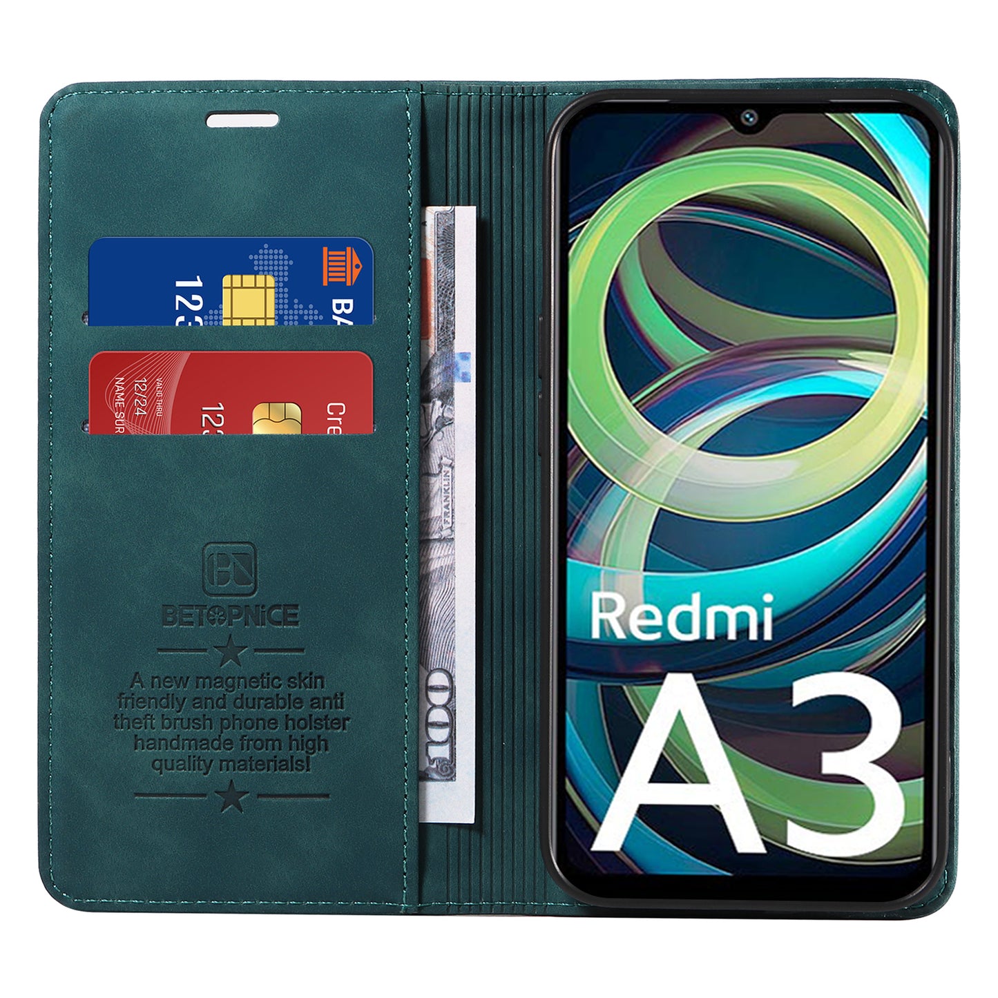 BETOPNICE 003 For Xiaomi Redmi A3 / Poco C61 4G Case RFID Blocking Wallet Leather+TPU Phone Protector - Green