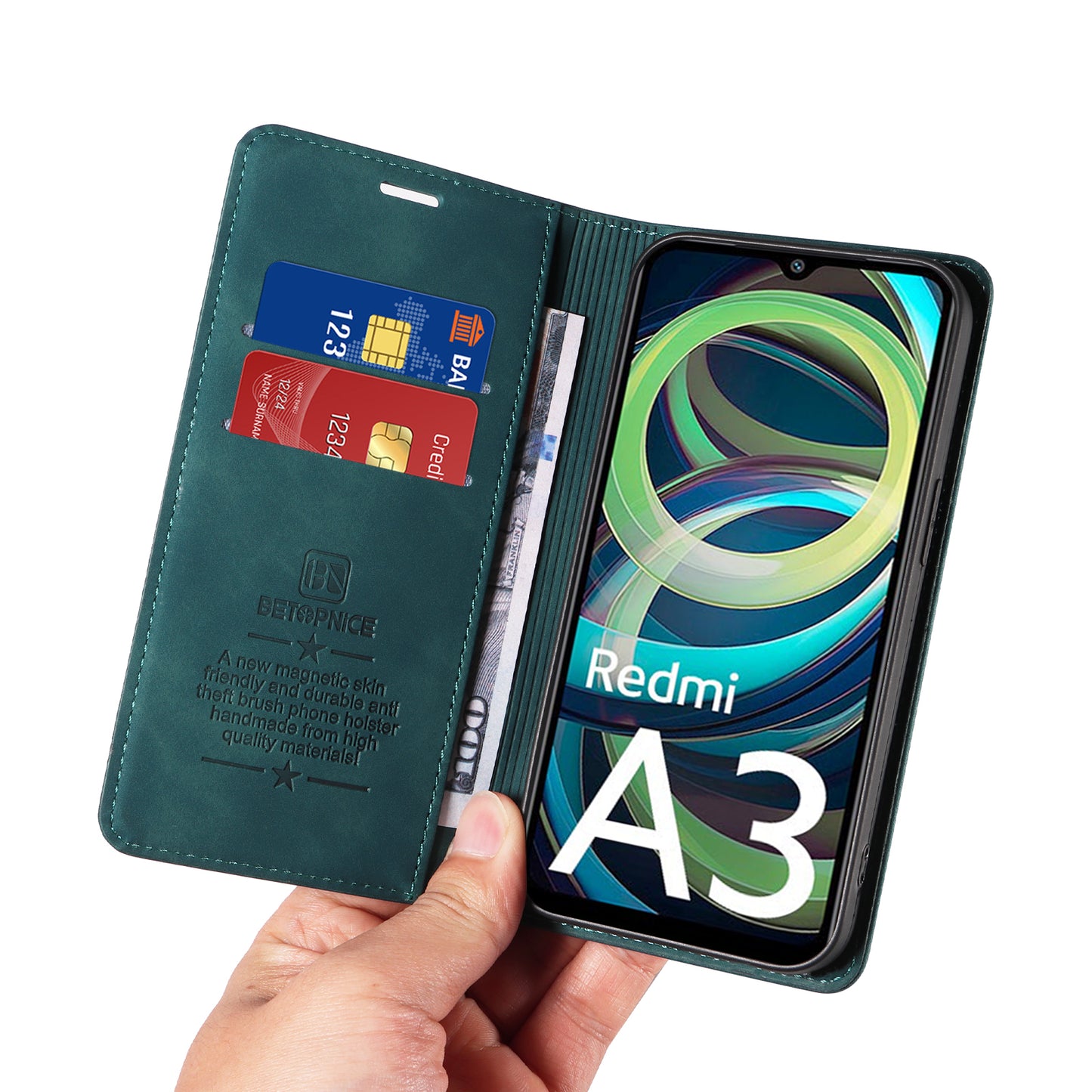 BETOPNICE 003 For Xiaomi Redmi A3 / Poco C61 4G Case RFID Blocking Wallet Leather+TPU Phone Protector - Green