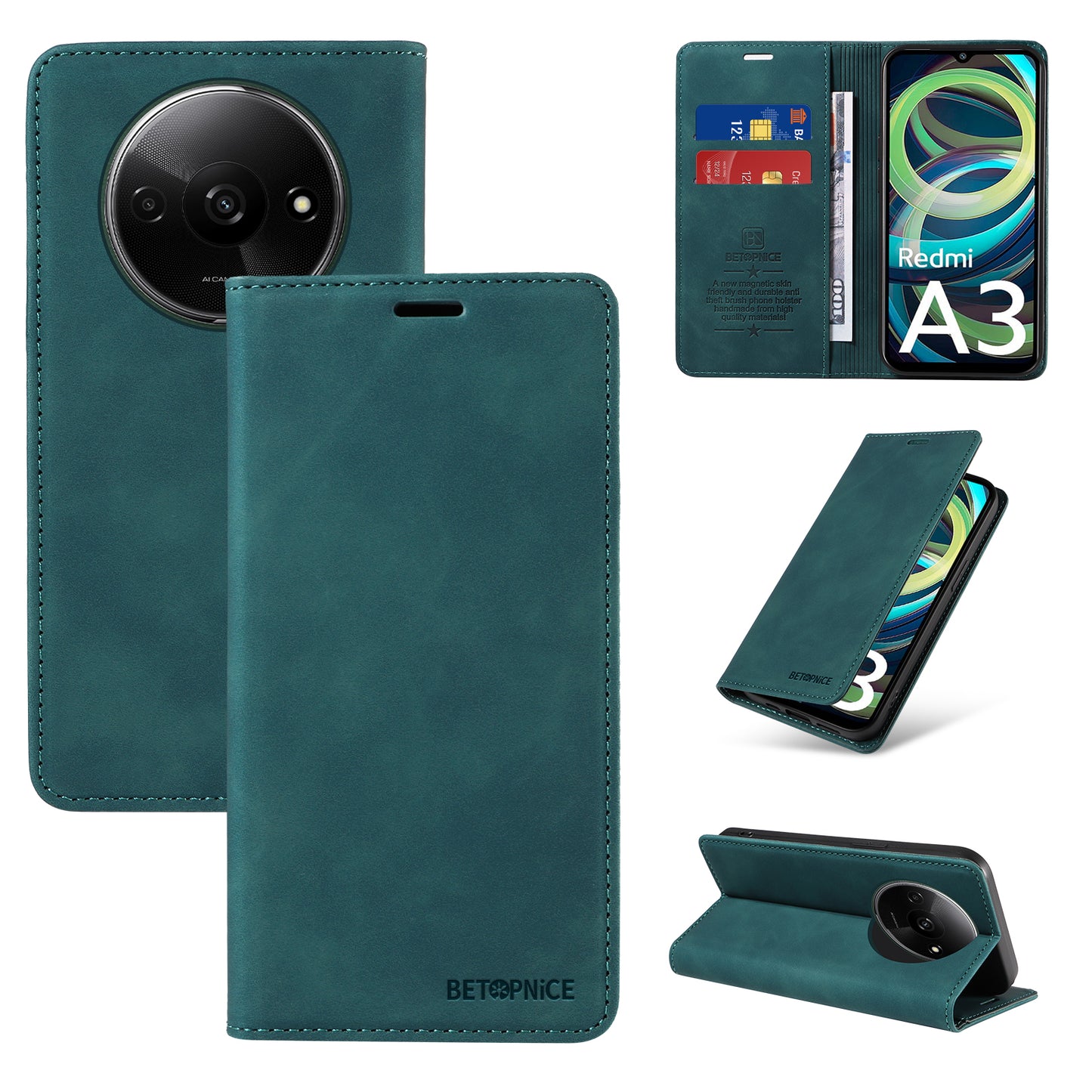 BETOPNICE 003 For Xiaomi Redmi A3 / Poco C61 4G Case RFID Blocking Wallet Leather+TPU Phone Protector - Green