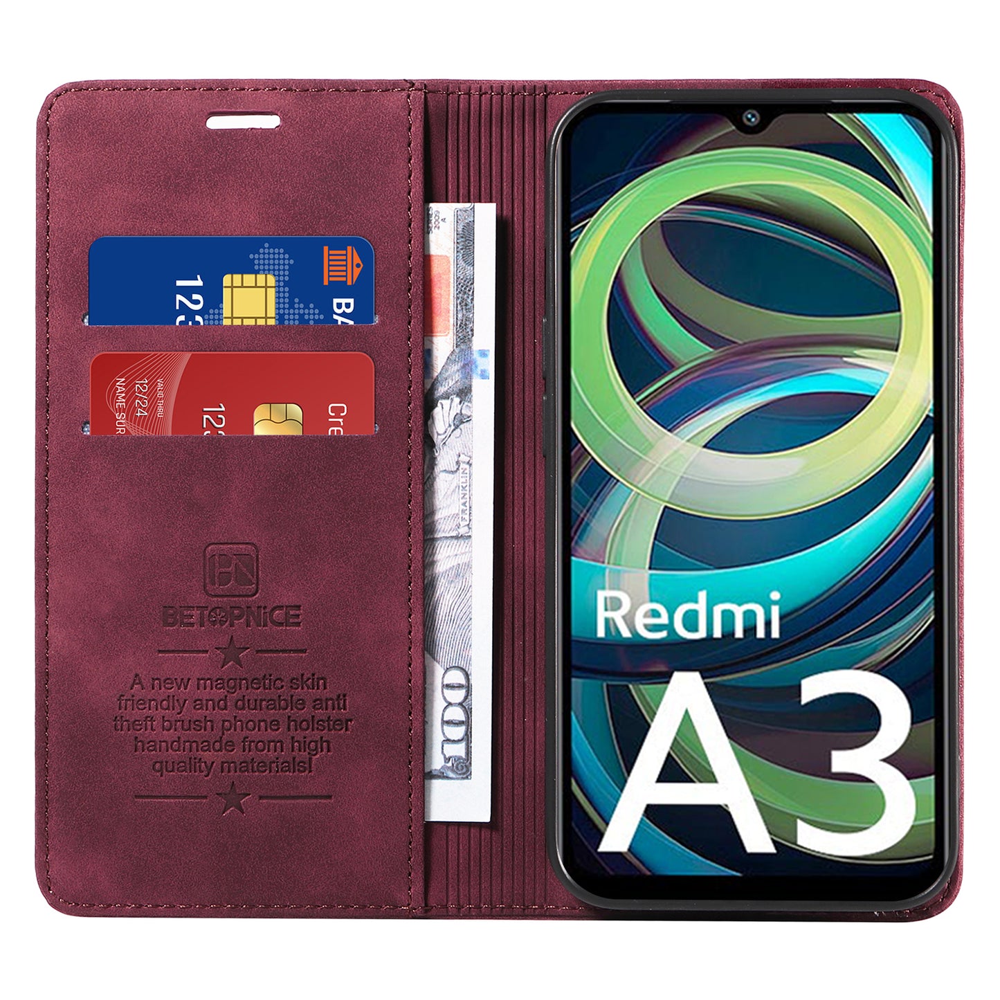 BETOPNICE 003 For Xiaomi Redmi A3 / Poco C61 4G Case RFID Blocking Wallet Leather+TPU Phone Protector - Red