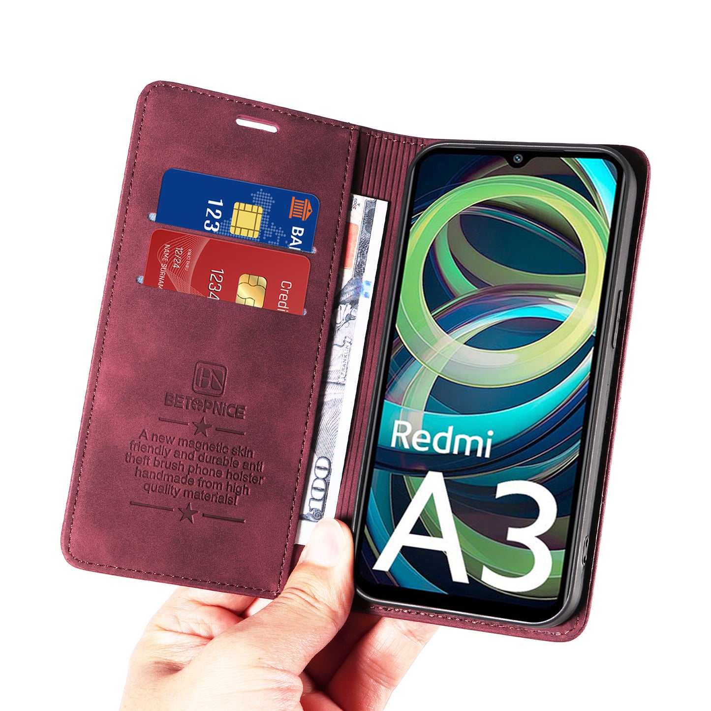 BETOPNICE 003 For Xiaomi Redmi A3 / Poco C61 4G Case RFID Blocking Wallet Leather+TPU Phone Protector - Red