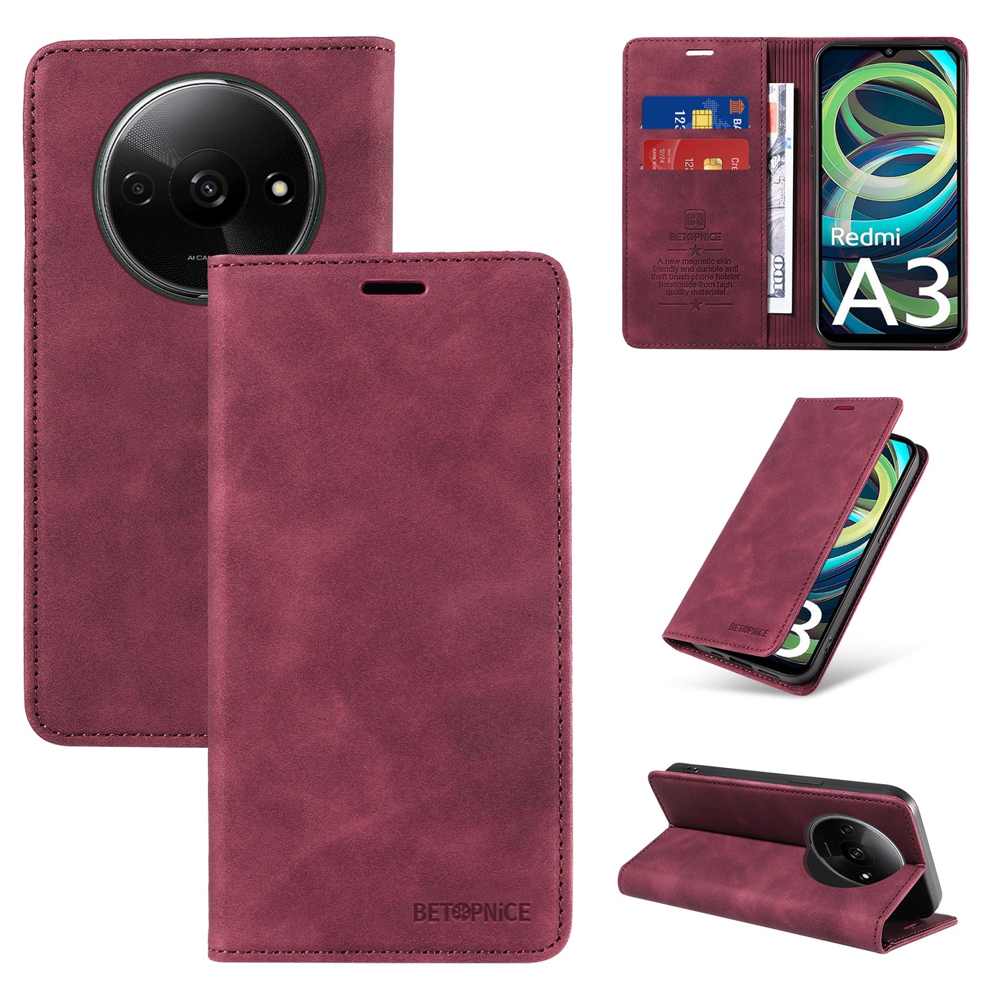 BETOPNICE 003 For Xiaomi Redmi A3 / Poco C61 4G Case RFID Blocking Wallet Leather+TPU Phone Protector - Red
