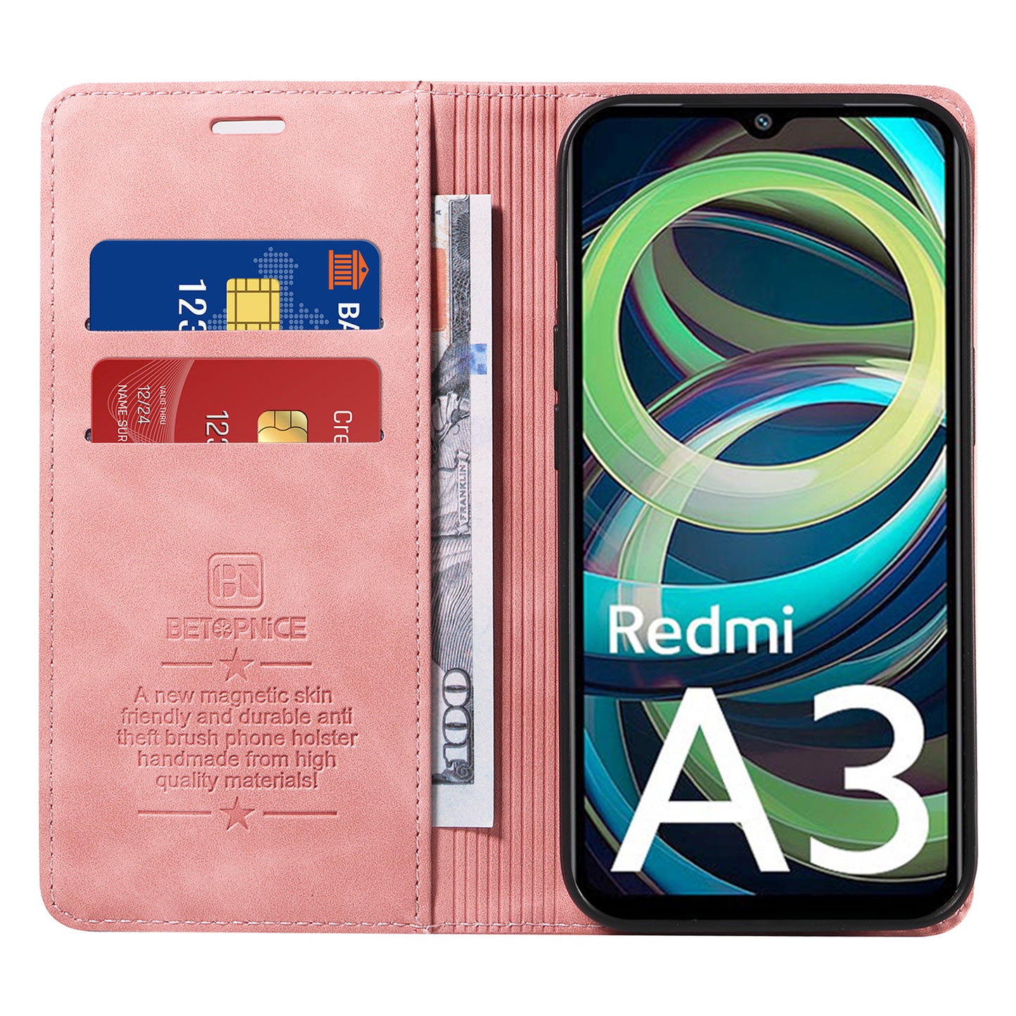 BETOPNICE 003 For Xiaomi Redmi A3 / Poco C61 4G Case RFID Blocking Wallet Leather+TPU Phone Protector - Pink