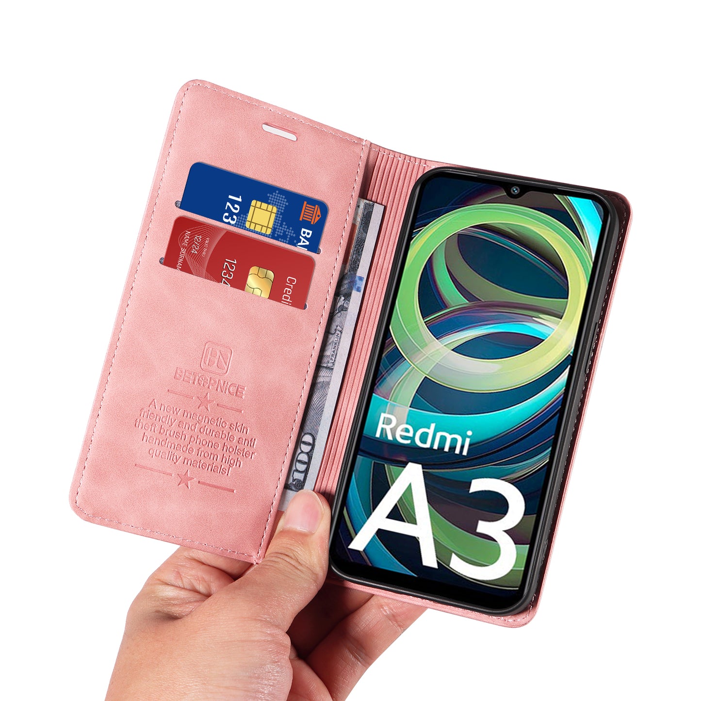 BETOPNICE 003 For Xiaomi Redmi A3 / Poco C61 4G Case RFID Blocking Wallet Leather+TPU Phone Protector - Pink
