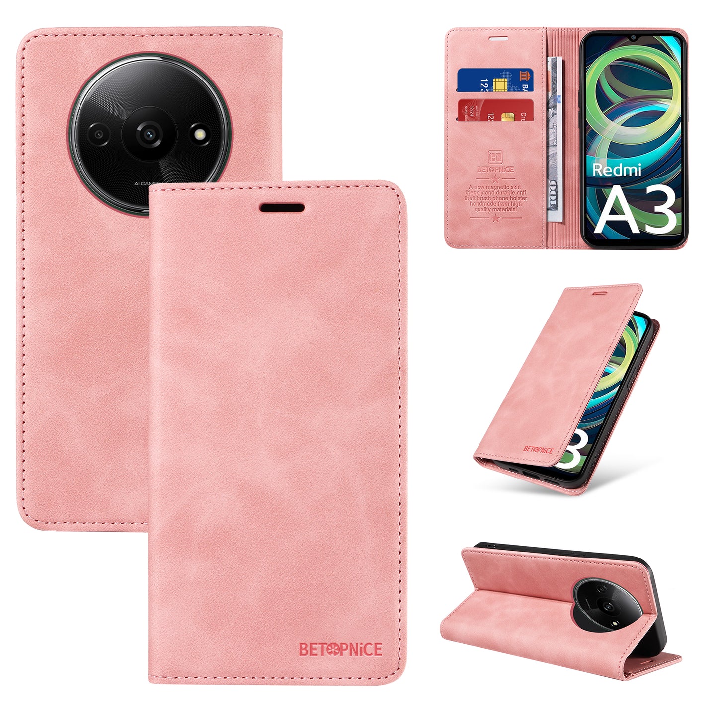 BETOPNICE 003 For Xiaomi Redmi A3 / Poco C61 4G Case RFID Blocking Wallet Leather+TPU Phone Protector - Pink