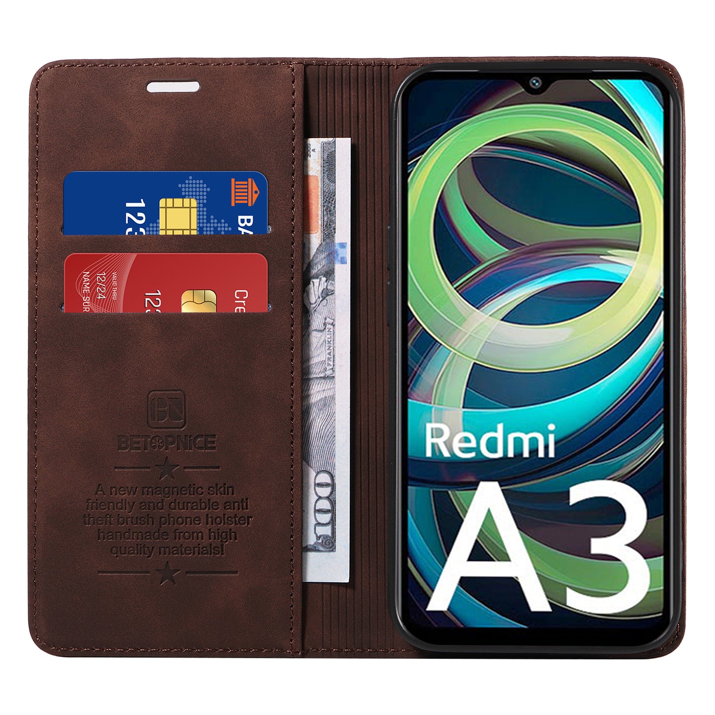 BETOPNICE 003 For Xiaomi Redmi A3 / Poco C61 4G Case RFID Blocking Wallet Leather+TPU Phone Protector - Brown