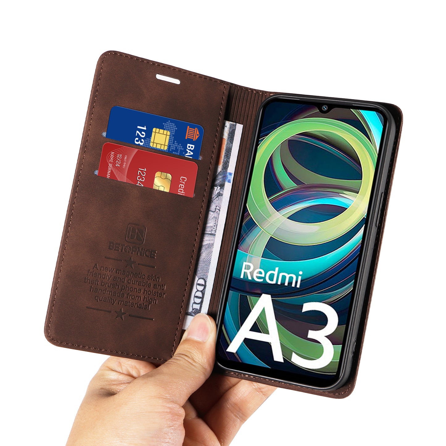 BETOPNICE 003 For Xiaomi Redmi A3 / Poco C61 4G Case RFID Blocking Wallet Leather+TPU Phone Protector - Brown