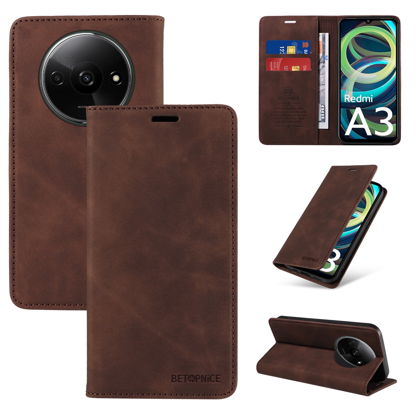 BETOPNICE 003 For Xiaomi Redmi A3 / Poco C61 4G Case RFID Blocking Wallet Leather+TPU Phone Protector - Brown