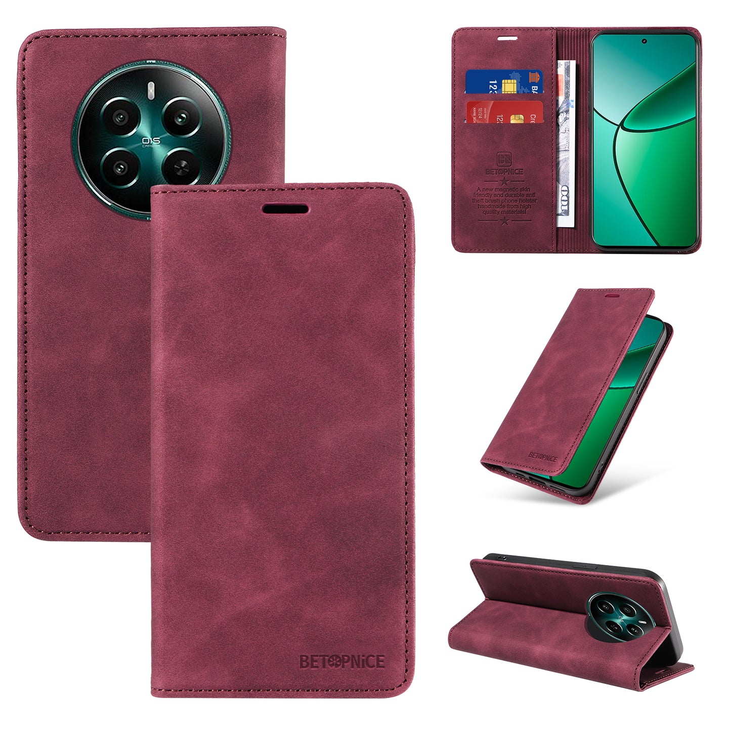 BETOPNICE 003 For Realme 12+ 5G / Narzo 70 Pro 5G Magnetic Case Card Slots RFID Blocking Phone Cover - Red
