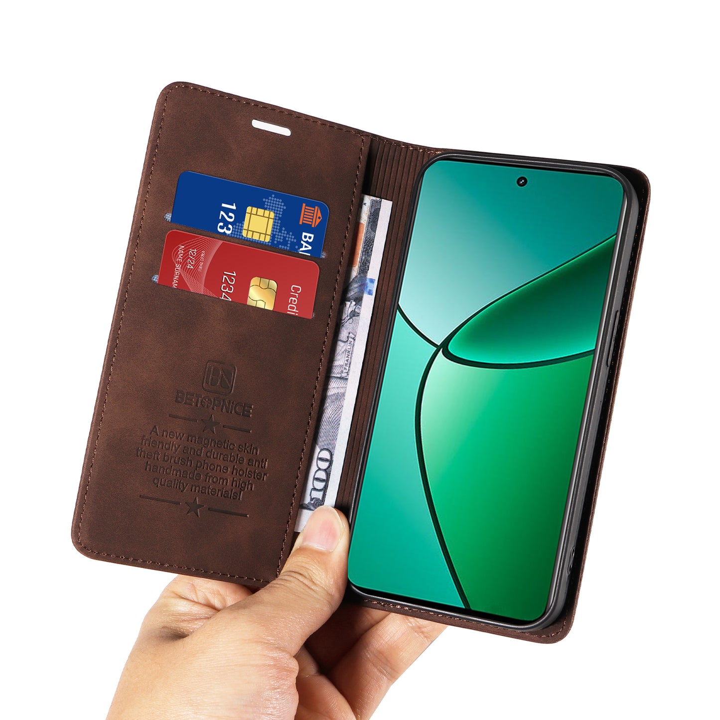 BETOPNICE 003 For Realme 12+ 5G / Narzo 70 Pro 5G Magnetic Case Card Slots RFID Blocking Phone Cover - Brown