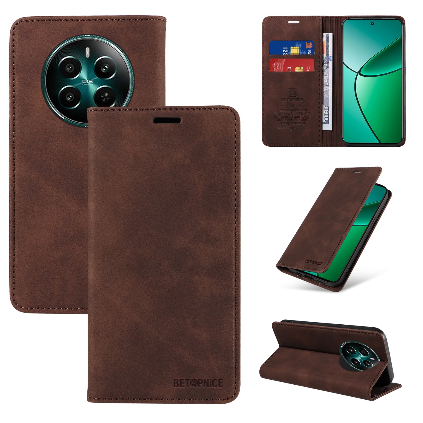 BETOPNICE 003 For Realme 12+ 5G / Narzo 70 Pro 5G Magnetic Case Card Slots RFID Blocking Phone Cover - Brown