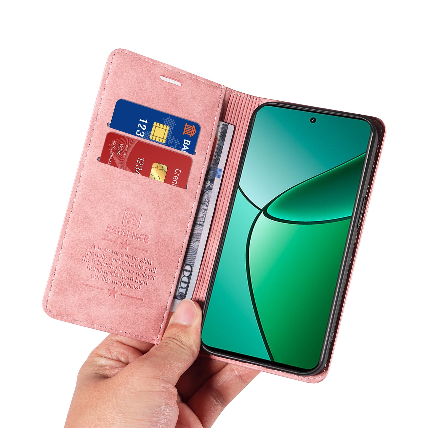 BETOPNICE 003 For Realme 12+ 5G / Narzo 70 Pro 5G Magnetic Case Card Slots RFID Blocking Phone Cover - Pink