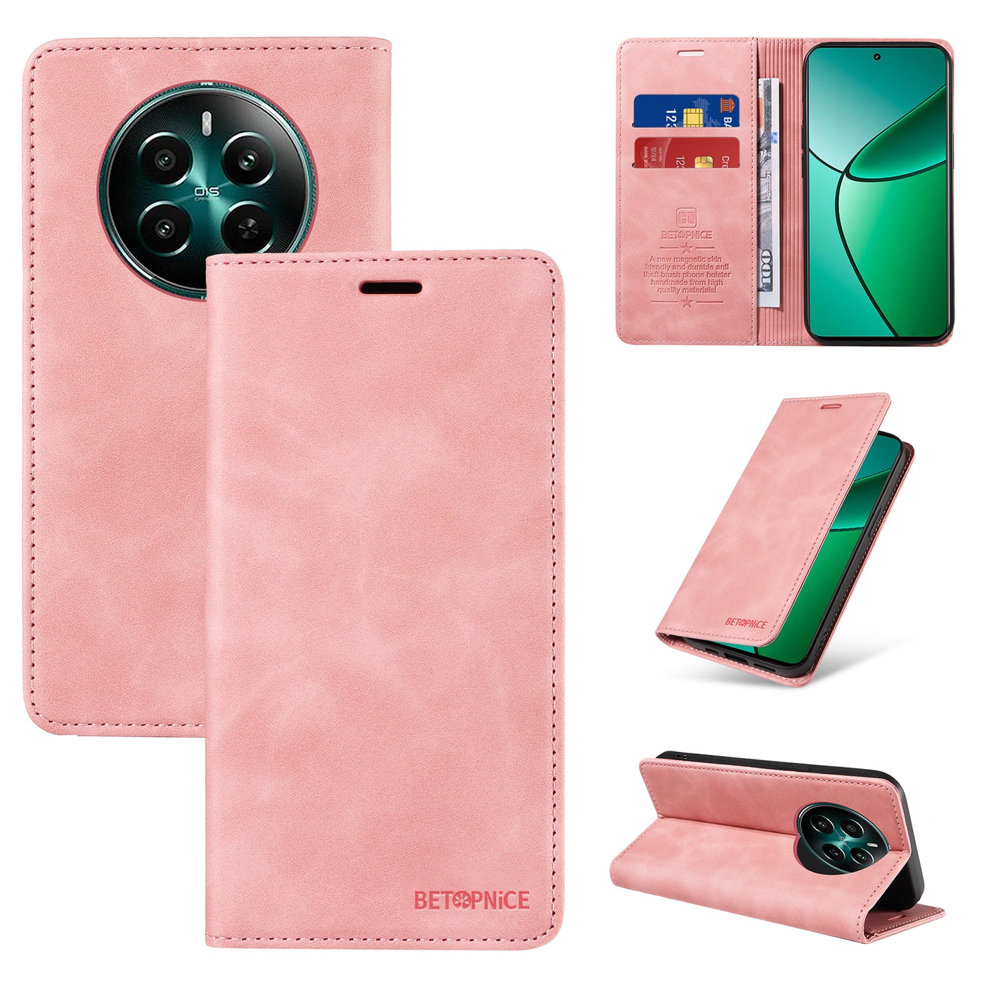 BETOPNICE 003 For Realme 12+ 5G / Narzo 70 Pro 5G Magnetic Case Card Slots RFID Blocking Phone Cover - Pink