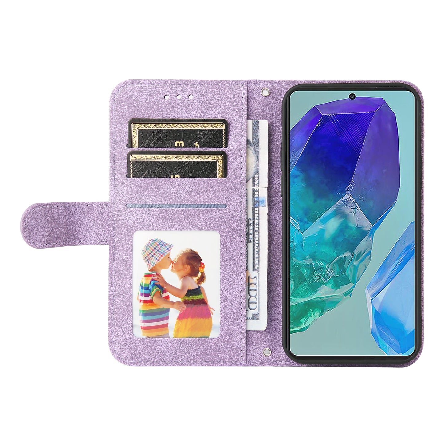 For Samsung Galaxy M55 5G Wallet Case PU Leather Shock Absorbing Phone Cover - Purple