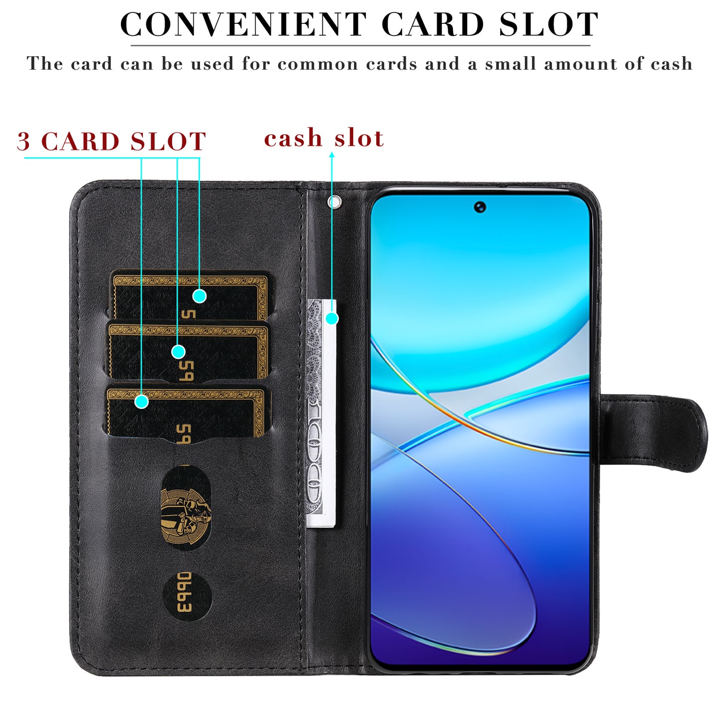 For vivo Y100 5G (Indonesia) / Y200e 5G / T3 5G / V30 Lite 4G Case Zipper Wallet Leather Phone Cover - Black