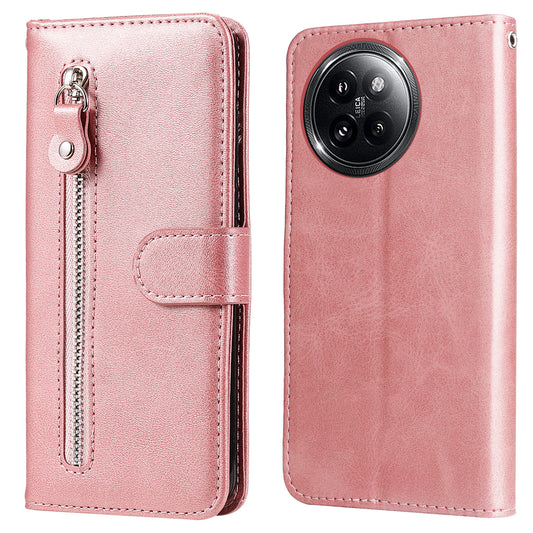 For Xiaomi Civi 4 Pro 5G Case Stand Calf Texture Anti-dust Phone Cover with Zipper Pocket - Pink