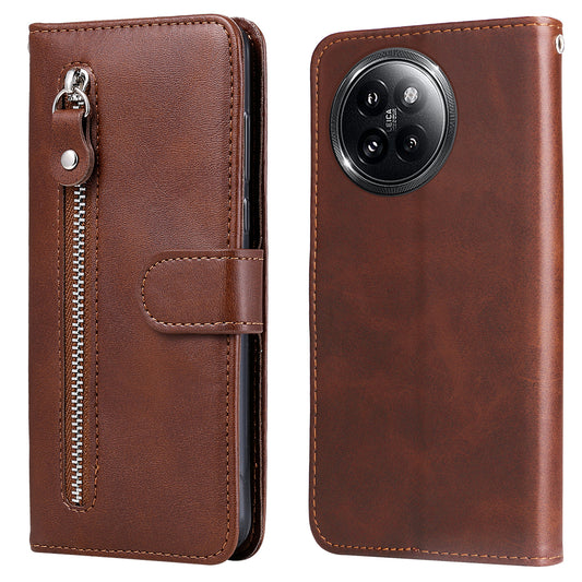 For Xiaomi Civi 4 Pro 5G Case Stand Calf Texture Anti-dust Phone Cover with Zipper Pocket - Brown
