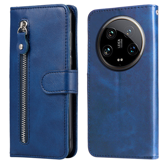 For Xiaomi 14 Ultra Case Calf Texture Zipper Wallet PU Leather Protective Phone Cover - Blue