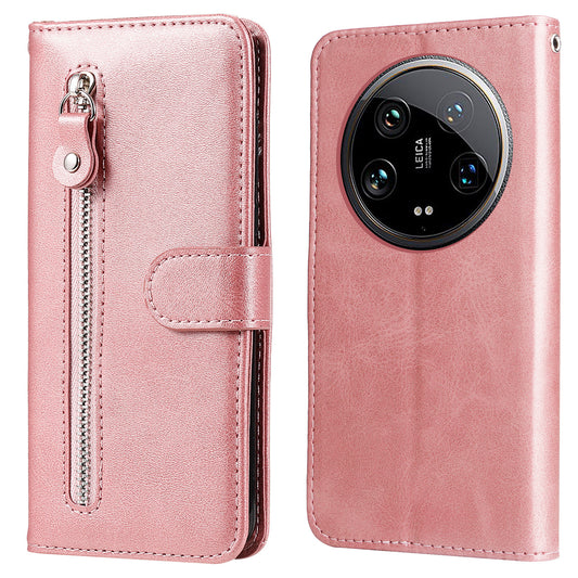 For Xiaomi 14 Ultra Case Calf Texture Zipper Wallet PU Leather Protective Phone Cover - Pink