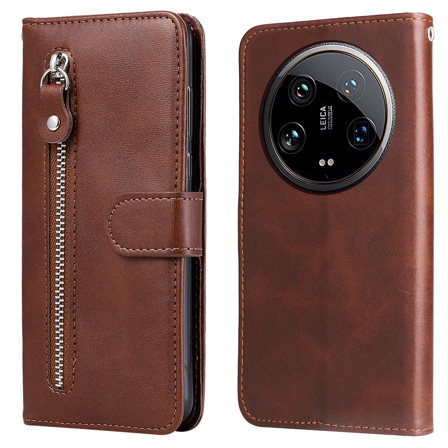 For Xiaomi 14 Ultra Case Calf Texture Zipper Wallet PU Leather Protective Phone Cover - Brown