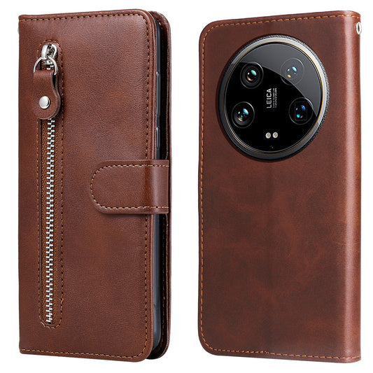 For Xiaomi 14 Ultra Case Calf Texture Zipper Wallet PU Leather Protective Phone Cover - Brown