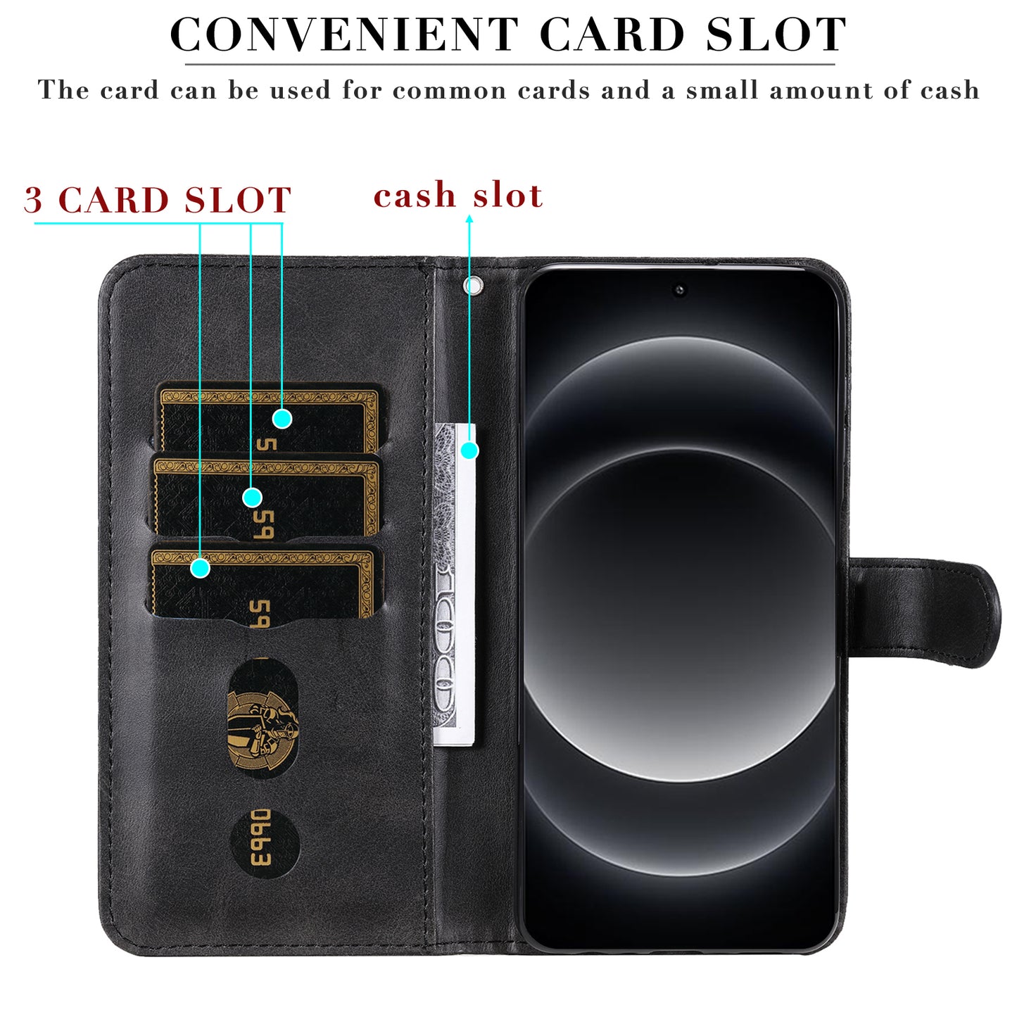 For Xiaomi 14 Ultra Case Calf Texture Zipper Wallet PU Leather Protective Phone Cover - Black