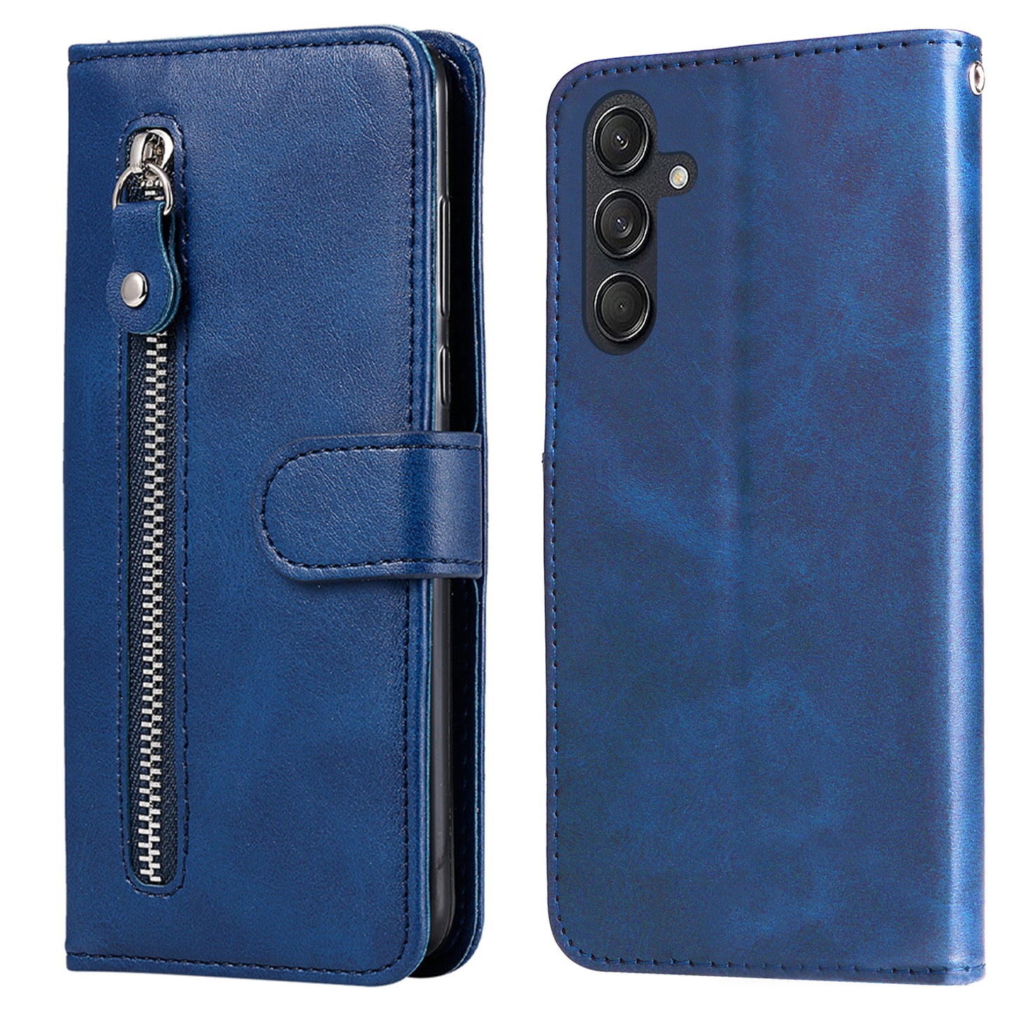 For Samsung Galaxy M55 5G Case Calf Texture Zipper Pocket Wallet Mobile Phone Cover - Blue