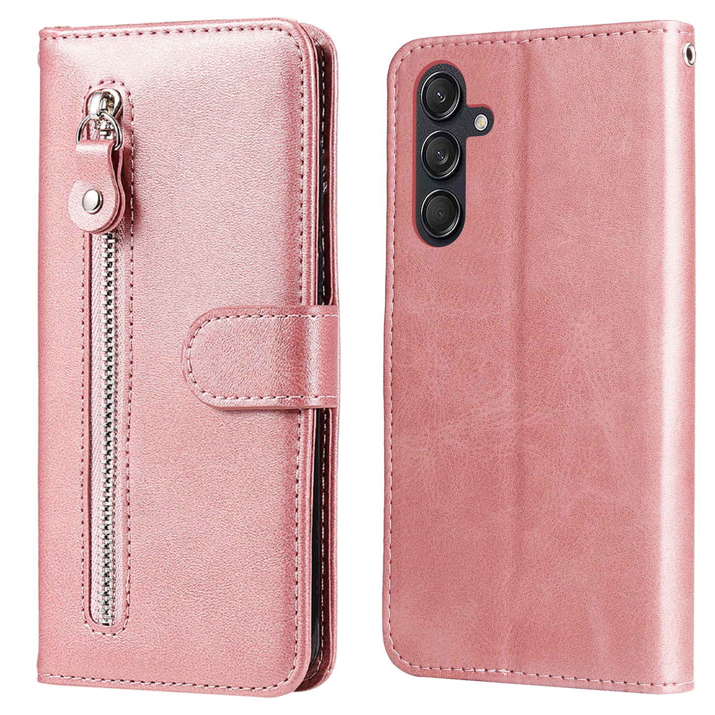 For Samsung Galaxy M55 5G Case Calf Texture Zipper Pocket Wallet Mobile Phone Cover - Pink