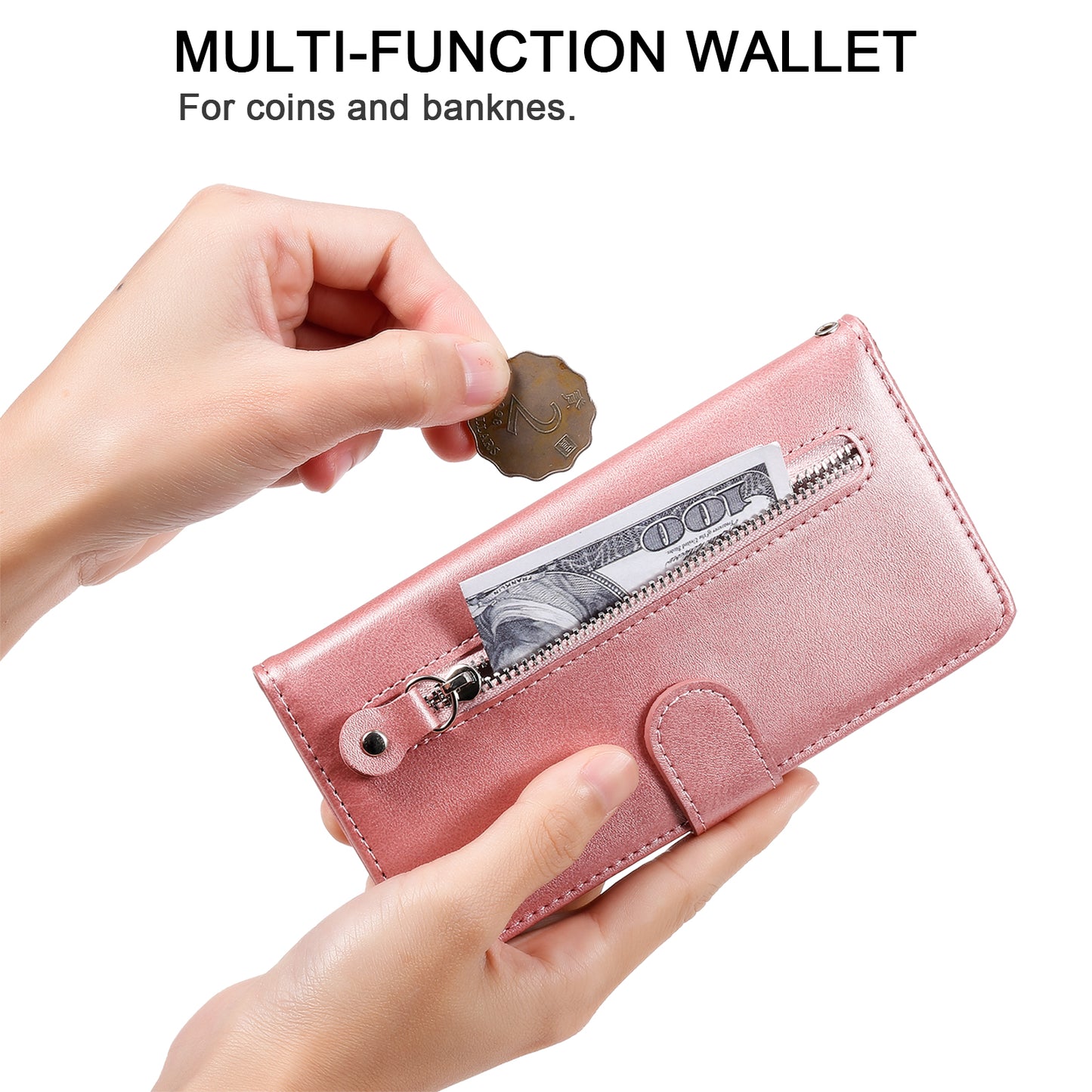 For Samsung Galaxy M55 5G Case Calf Texture Zipper Pocket Wallet Mobile Phone Cover - Pink
