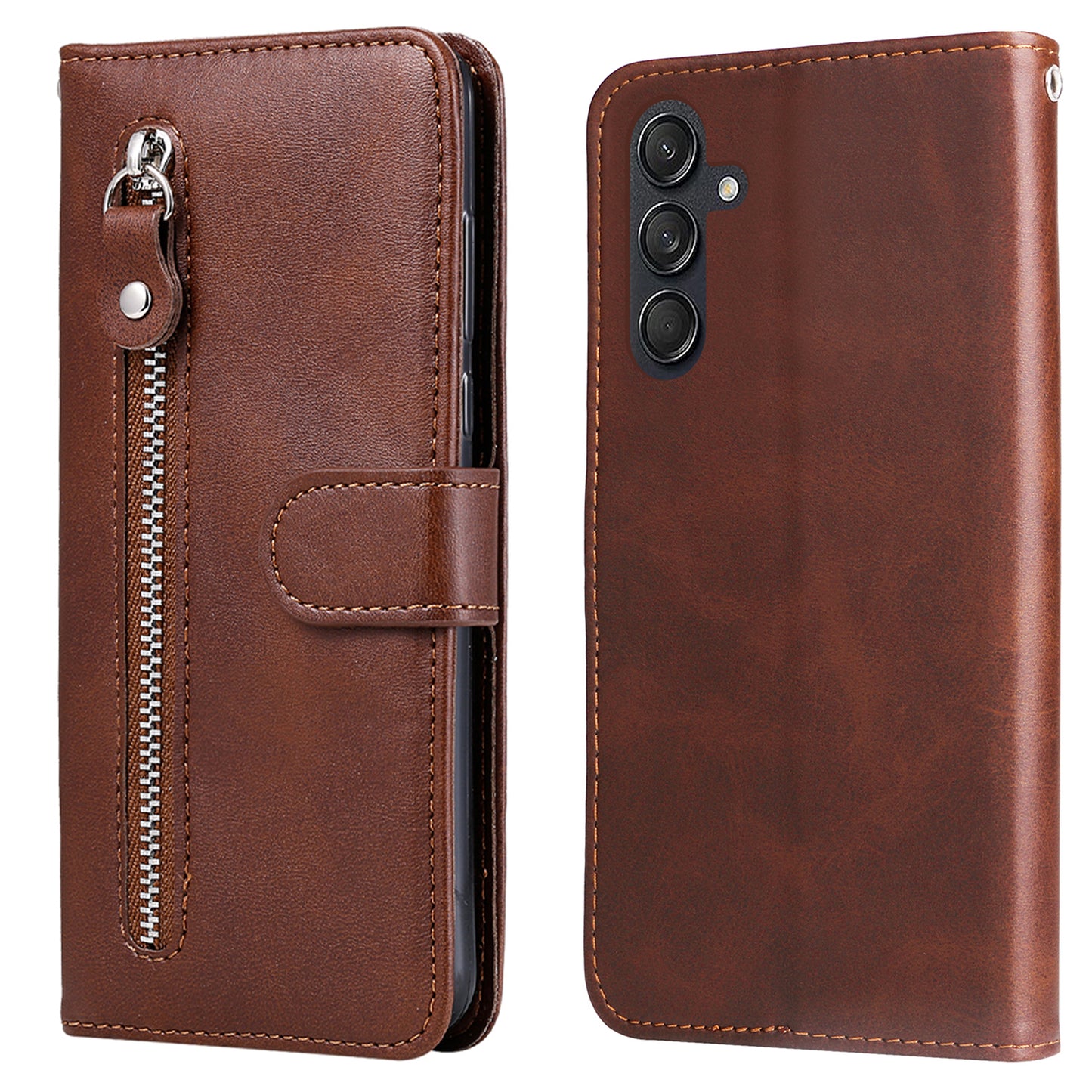 For Samsung Galaxy M55 5G Case Calf Texture Zipper Pocket Wallet Mobile Phone Cover - Brown