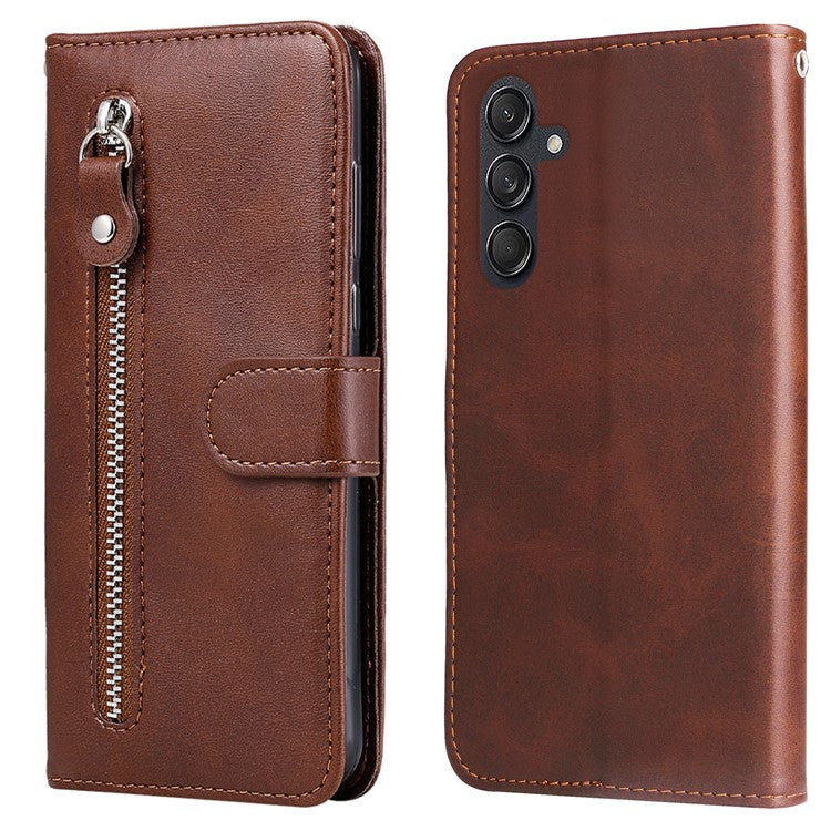 For Samsung Galaxy M55 5G / C55 5G / F55 5G Case Calf Texture Zipper Pocket Wallet Mobile Phone Cover - Brown