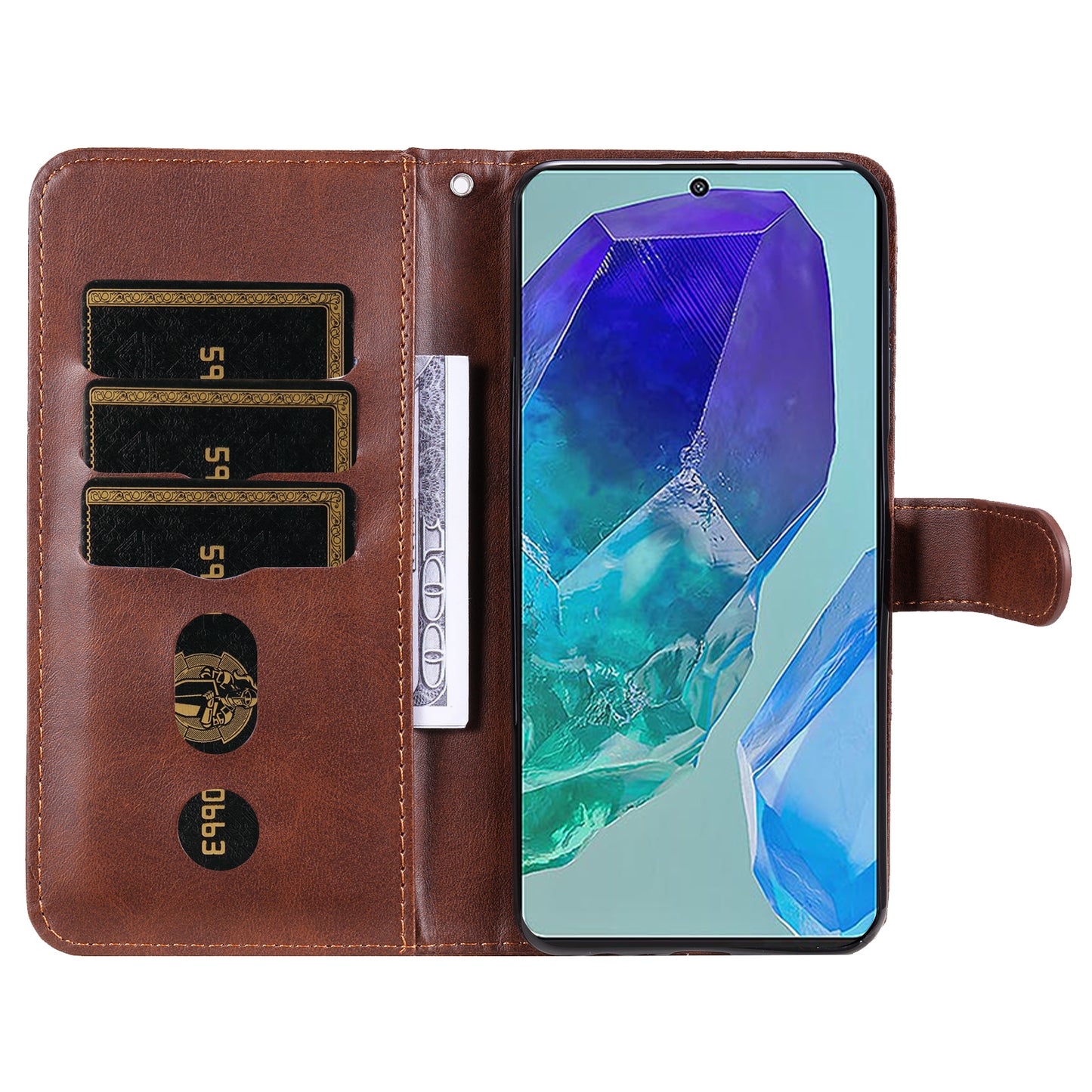 For Samsung Galaxy M55 5G Case Calf Texture Zipper Pocket Wallet Mobile Phone Cover - Brown