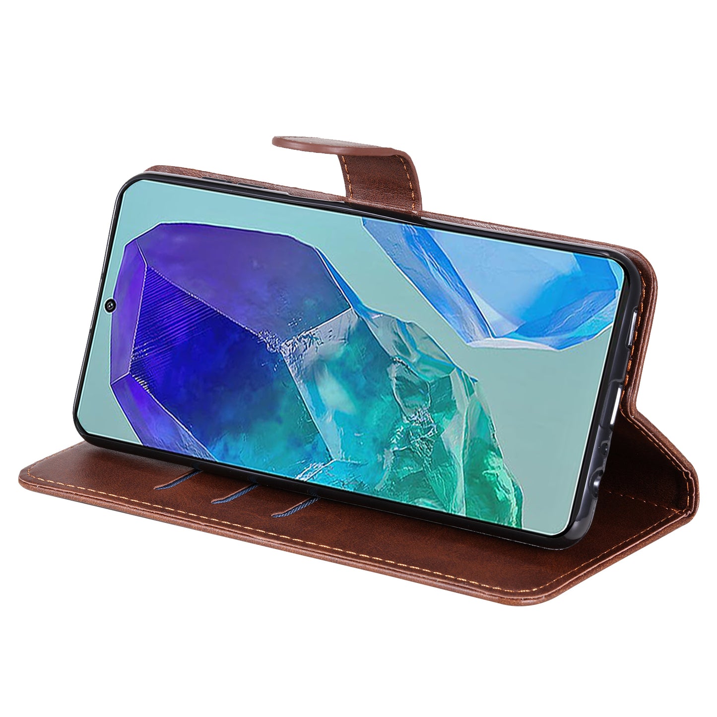 For Samsung Galaxy M55 5G Case Calf Texture Zipper Pocket Wallet Mobile Phone Cover - Brown