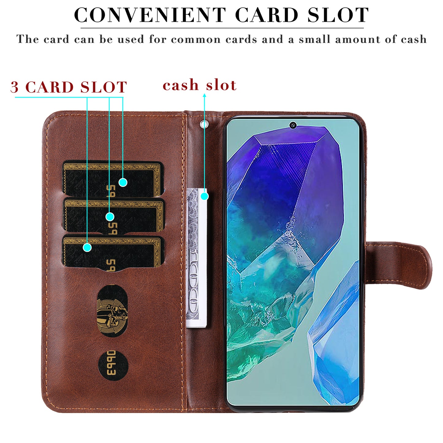 For Samsung Galaxy M55 5G Case Calf Texture Zipper Pocket Wallet Mobile Phone Cover - Brown