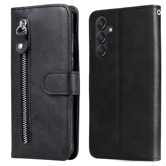 For Samsung Galaxy M55 5G / C55 5G / F55 5G Case Calf Texture Zipper Pocket Wallet Mobile Phone Cover - Black